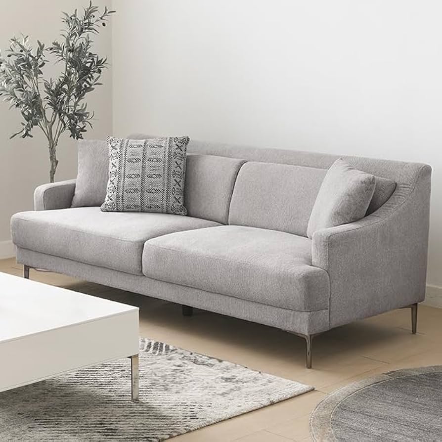 シンプルなデザインのグレー系ファブリック3人掛けソファ Amazon｜モダンデコ 3人掛けソファ ファブリック 【保証1年間